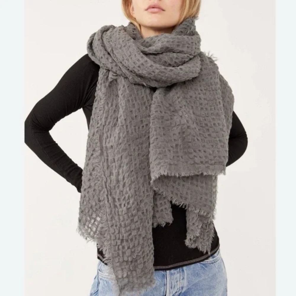 New Free People Long Weekend Waffle Shawl Oversized Scarf Linen Blend in Grey